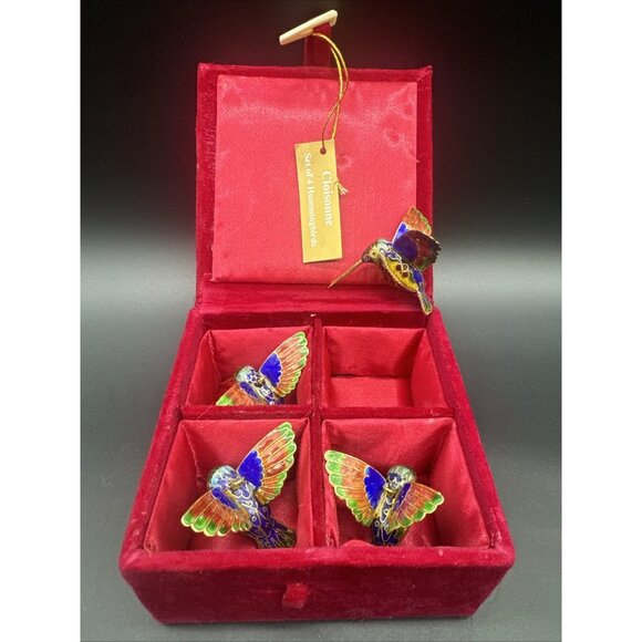VTG Hummingbird Tree Ornaments Cloisonné Enamel Metal Original Box Set Of 4 - Picture 1 of 16